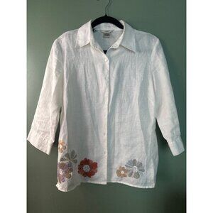 Edward 100% Irish Linen Vintage Womens Top Small Embroidered Floral Cottagecore